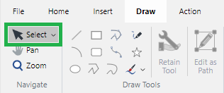 Select tool button in the Navigate panel on the Draw ribbon tab Select tool button in the Navigate panel on the Draw ribbon tab